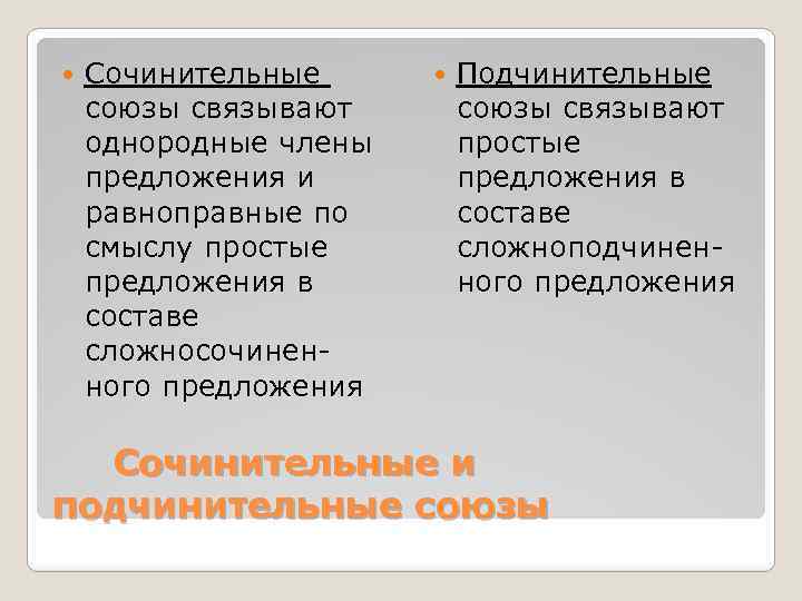  Сочинительные союзы связывают однородные члены предложения и равноправные по смыслу простые предложения в