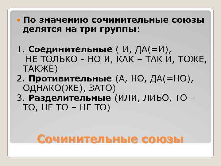  По значению сочинительные союзы делятся на три группы: 1. Соединительные ( И, ДА(=И),