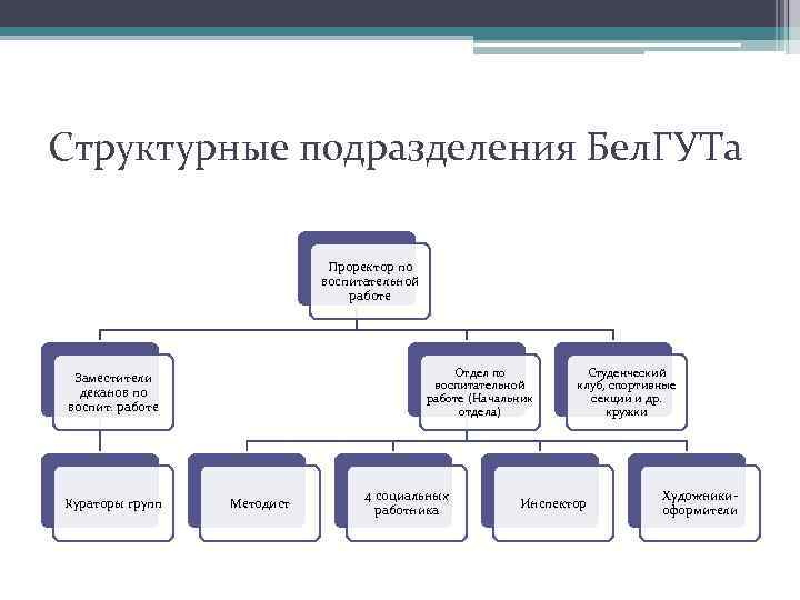 Структурные подразделения Бел. ГУТа Проректор по воспитательной работе Отдел по воспитательной работе (Начальник отдела)