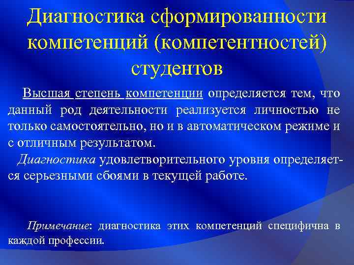 Диагностика сформированности компетенций (компетентностей) студентов Высшая степень компетенции определяется тем, что данный род деятельности