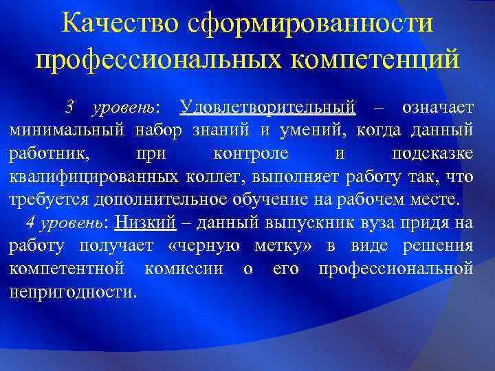 Качество сформированности профессиональных компетенций 3 уровень: Удовлетворительный – означает минимальный набор знаний и умений,