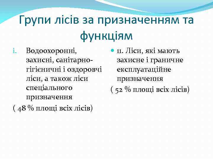 Групи лісів за призначенням та функціям Водоохоронні, захисні, санітарногігієничні і оздоровчі ліси, а також