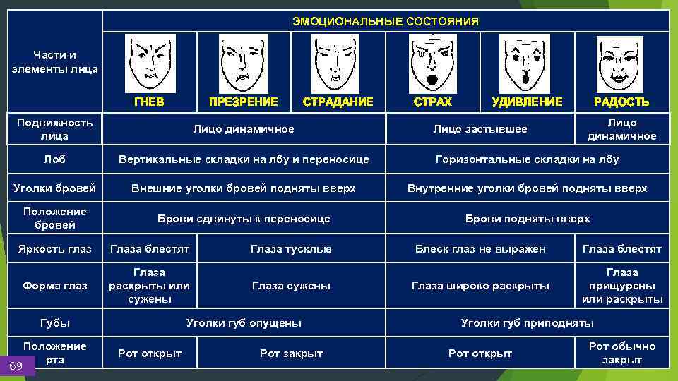 ЭМОЦИОНАЛЬНЫЕ СОСТОЯНИЯ Части и элементы лица ГНЕВ ПРЕЗРЕНИЕ СТРАДАНИЕ СТРАХ УДИВЛЕНИЕ РАДОСТЬ Подвижность лица