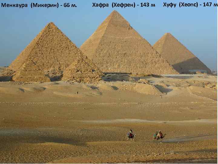 Менкаура (Микерин) - 66 м. Хафра (Хефрен) - 143 м Хуфу (Хеопс) - 147