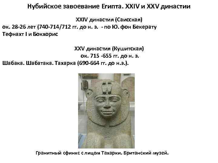 Нубийское завоевание Египта. XXIV и XXV династии XXIV династия (Саисская) ок. 28 -26 лет