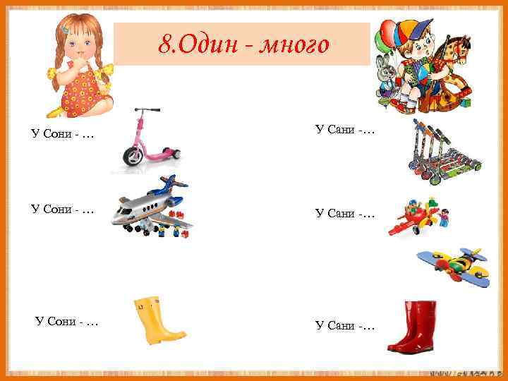8. Один - много У Сони - … У Сани -… 