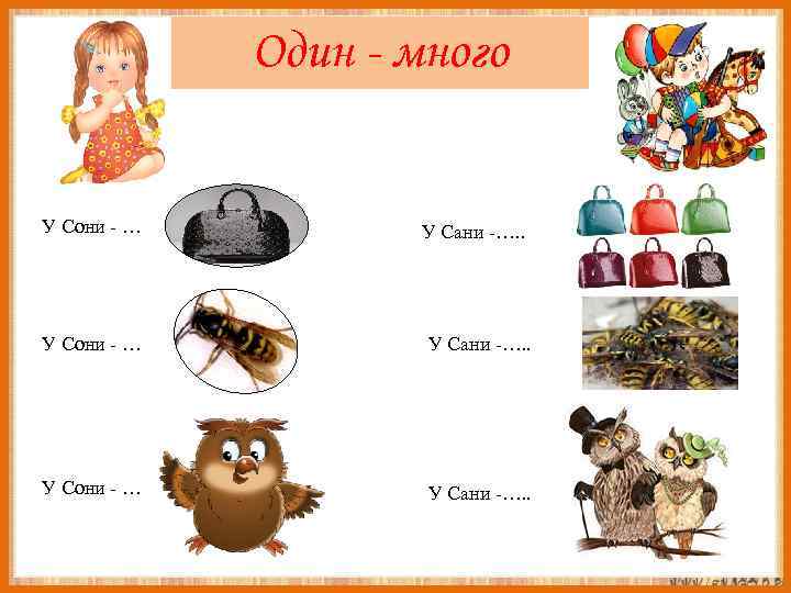 Один - много У Сони - … У Сани -…. . 