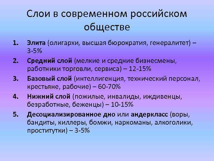 Слои в современном российском обществе 1. 2. 3. 4. 5. Элита (олигархи, высшая бюрократия,