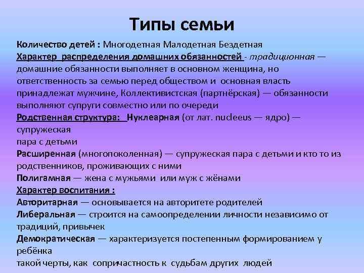 Типы семьи Количество детей : Многодетная Малодетная Бездетная Характер распределения домашних обязанностей - традиционная