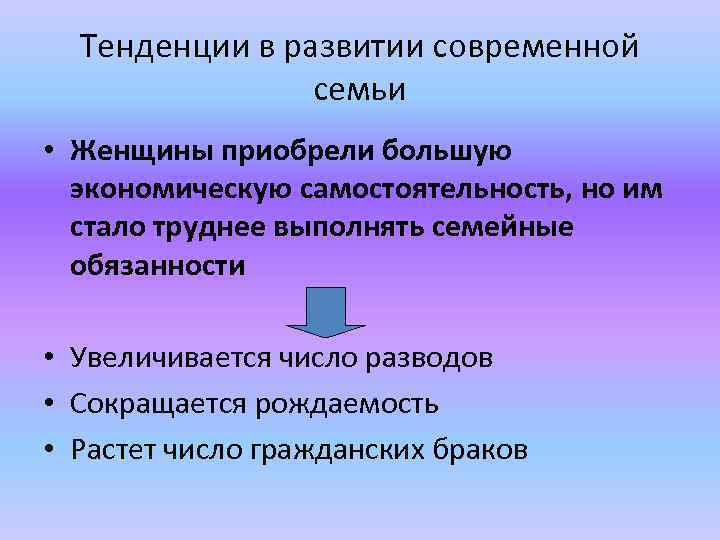 Тенденции в развитии современной семьи • Женщины приобрели большую экономическую самостоятельность, но им стало