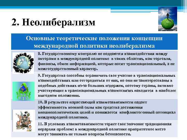 2. Неолиберализм Основные теоретические положения концепции международной политики неолиберализма 8. Государственному контролю не поддаются