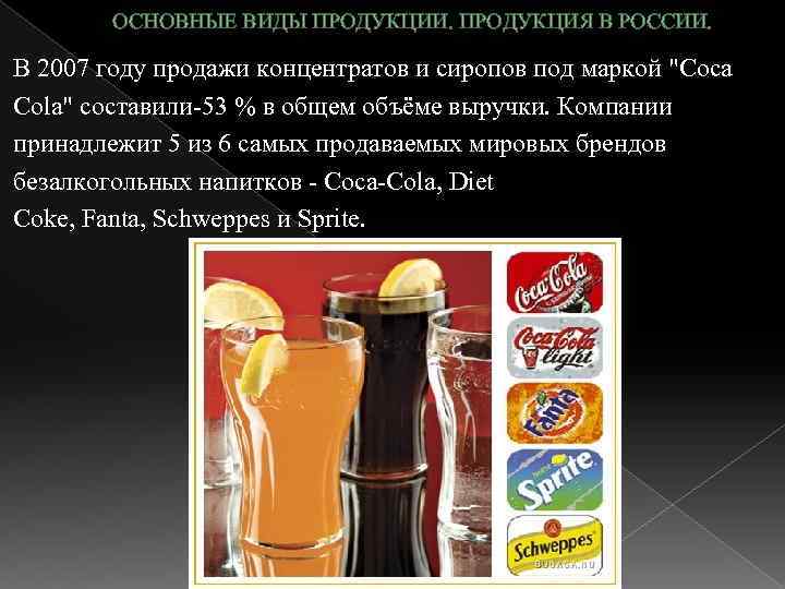 ОСНОВНЫЕ ВИДЫ ПРОДУКЦИИ. ПРОДУКЦИЯ В РОССИИ. В 2007 году продажи концентратов и сиропов под