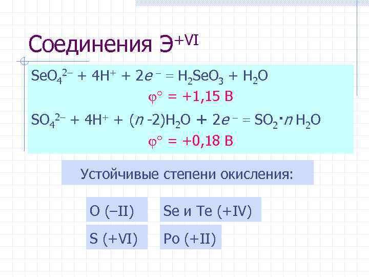 Соединения Э+VI Se. O 42– + 4 H+ + 2 e = H 2