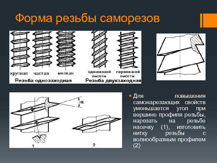 Форма резьбы саморезов § Для повышения самонарезающих свойств уменьшается угол при вершине профиля резьбы,