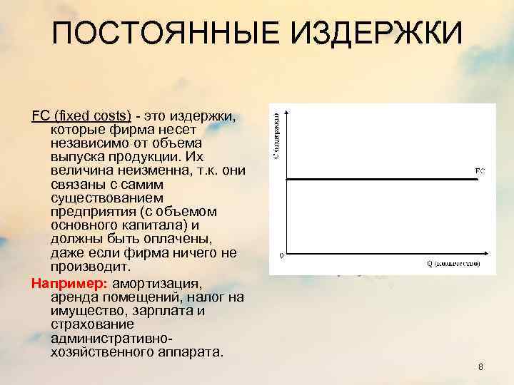 ПОСТОЯННЫЕ ИЗДЕРЖКИ FC (fixed costs) - это издержки, которые фирма несет независимо от объема