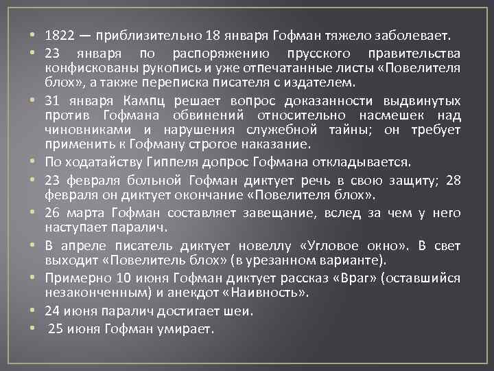  • 1822 — приблизительно 18 января Гофман тяжело заболевает. • 23 января по