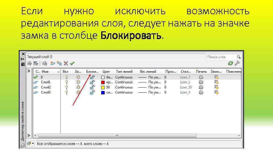 Если нужно исключить возможность редактирования слоя, следует нажать на значке замка в столбце Блокировать.