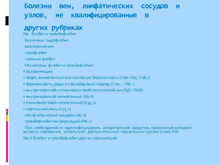 Болезни вен, лимфатических сосудов и узлов, не квалифицированные в других рубриках I 80 Флебит