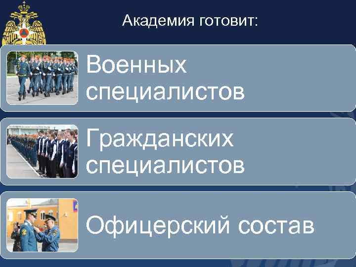 Академия готовит: Военных специалистов Гражданских специалистов Офицерский состав 