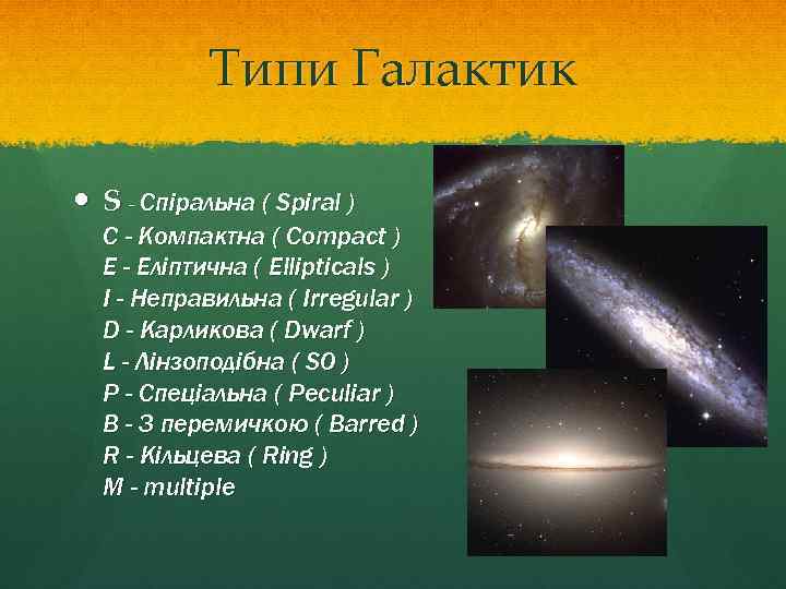 Типи Галактик S - Спіральна ( Spiral ) C - Компактна ( Compact )