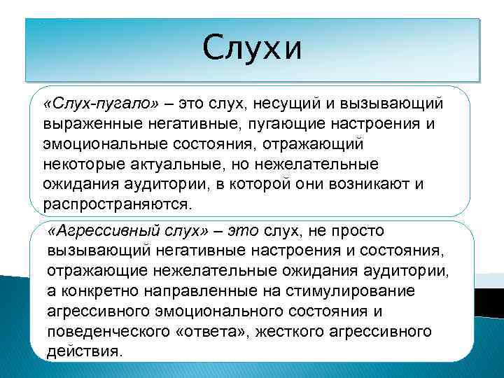 Слухи «Слух-пугало» – это слух, несущий и вызывающий выраженные негативные, пугающие настроения и эмоциональные