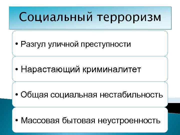 Социальный терроризм • Разгул уличной преступности • Нарастающий криминалитет • Общая социальная нестабильность •