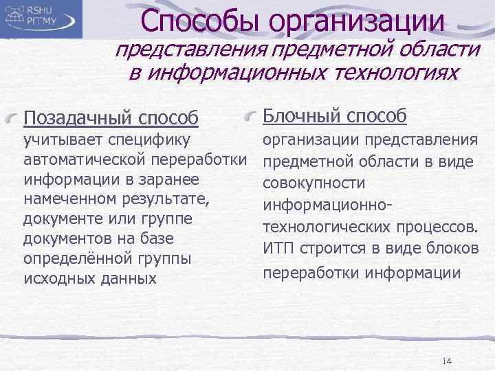 Способы организации представления предметной области в информационных технологиях Позадачный способ учитывает специфику автоматической переработки