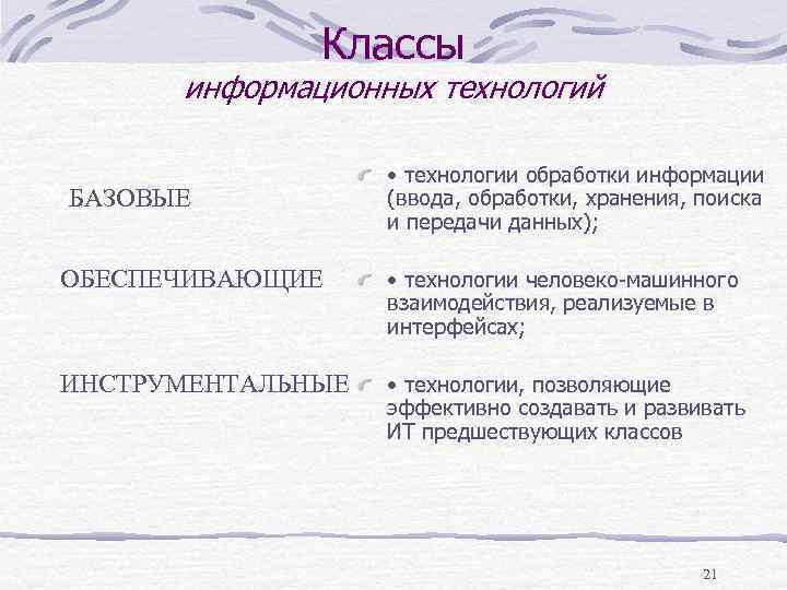 Классы информационных технологий БАЗОВЫЕ • технологии обработки информации (ввода, обработки, хранения, поиска и передачи