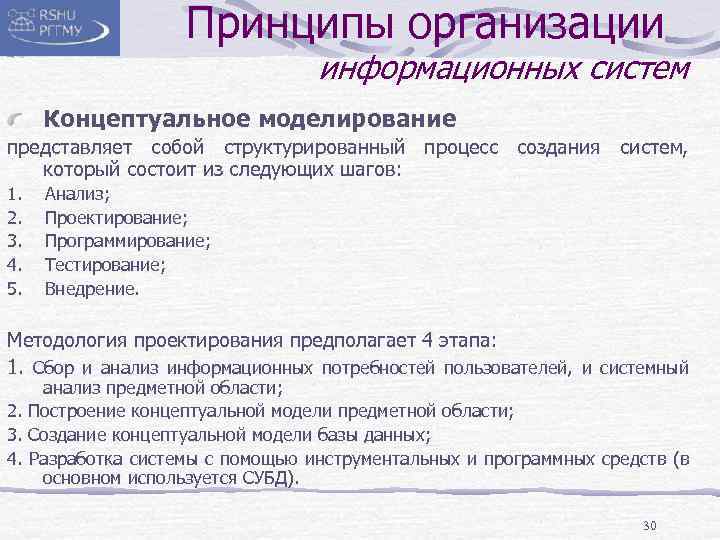 Принципы организации информационных систем Концептуальное моделирование представляет собой структурированный процесс создания систем, который состоит