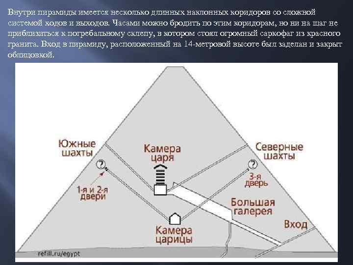 Внутри пирамиды имеется несколько длинных наклонных коридоров со сложной системой ходов и выходов. Часами