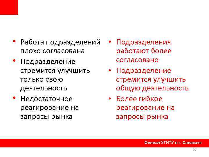  • Работа подразделений • Подразделения • • плохо согласована Подразделение стремится улучшить только