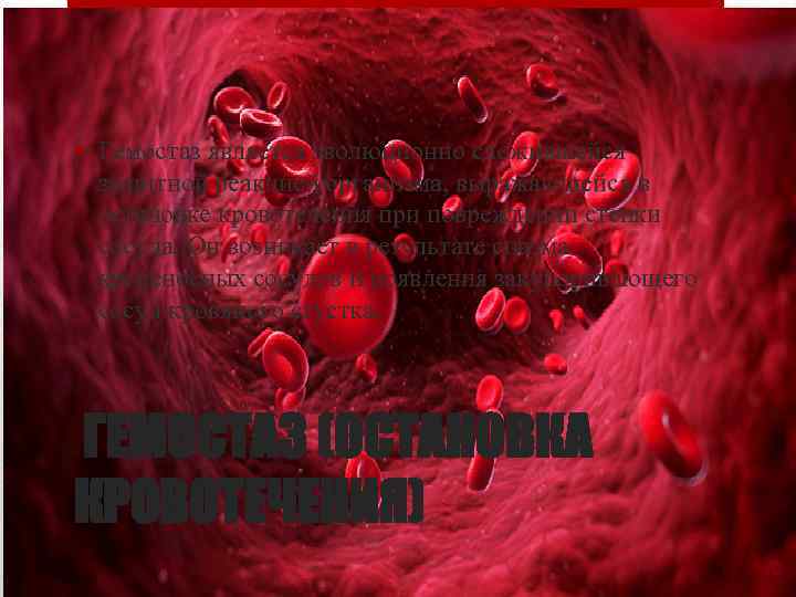  • Гемостаз является эволюционно сложившейся защитной реакцией организма, выражающейся в остановке кровотечения при