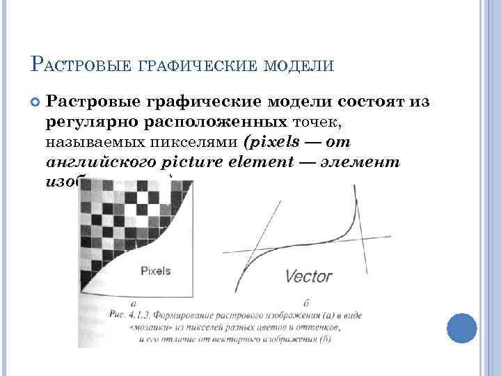 РАСТРОВЫЕ ГРАФИЧЕСКИЕ МОДЕЛИ Растровые графические модели состоят из регулярно расположенных точек, называемых пикселями (pixels