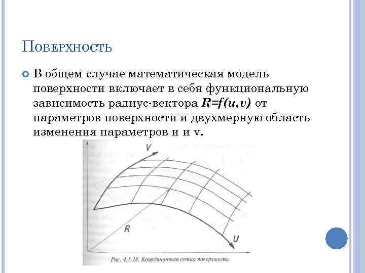 ПОВЕРХНОСТЬ В общем случае математическая модель поверхности включает в себя функциональную зависимость радиус-вектора R=f(u,