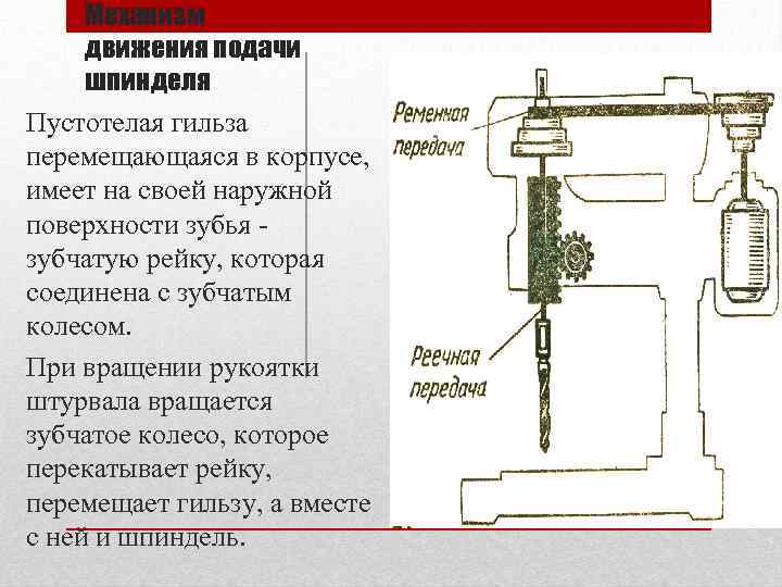 Механизм движения подачи шпинделя Пустотелая гильза перемещающаяся в корпусе, имеет на своей наружной поверхности