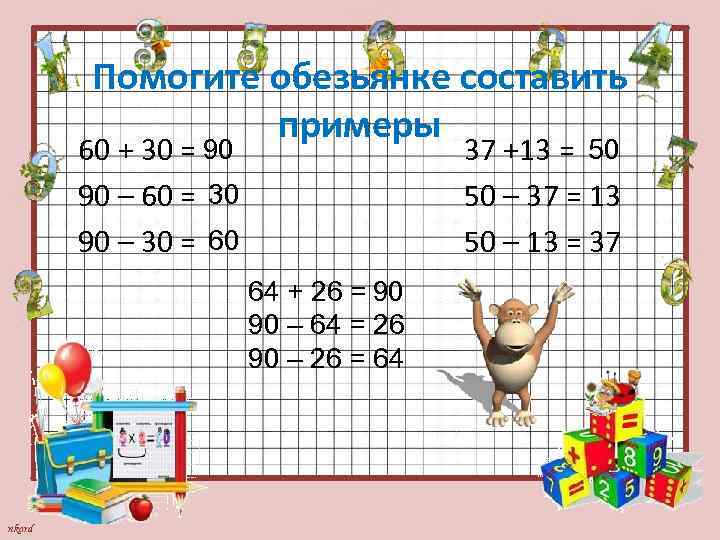 Помогите обезьянке составить примеры 60 + 30 = 90 90 – 60 = 30