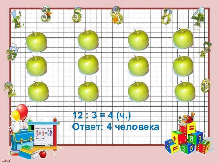 12 : 3 = 4 (ч. ) Ответ: 4 человека nkard 