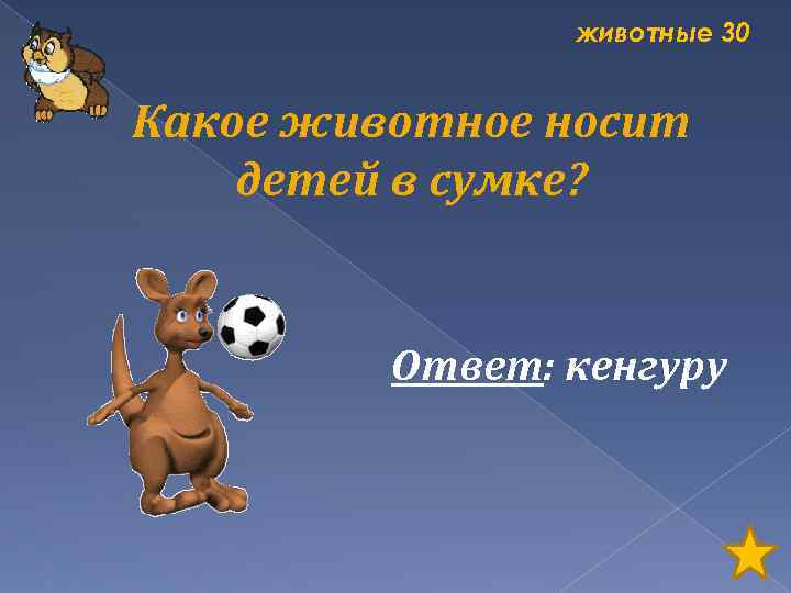 животные 30 Какое животное носит детей в сумке? Ответ: кенгуру 