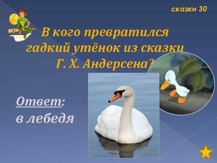 сказки 30 В кого превратился гадкий утёнок из сказки Г. Х. Андерсена? Ответ: в