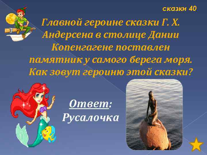 сказки 40 Главной героине сказки Г. Х. Андерсена в столице Дании Копенгагене поставлен памятник