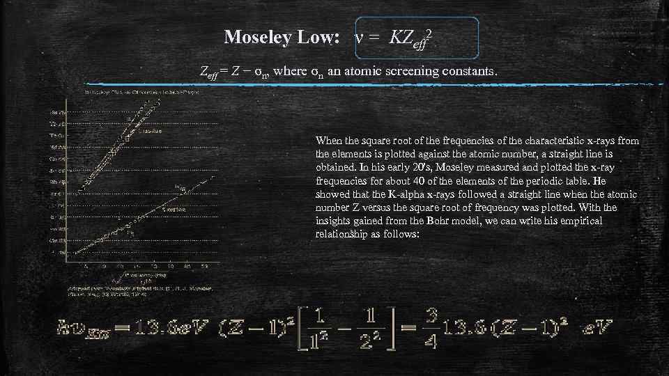 Moseley Low: ν = KZeff 2 Zeff = Z − σn, where σn an