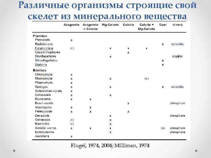 Различные организмы строящие свой скелет из минерального вещества Flugel, 1974, 2004; Milliman, 1974 