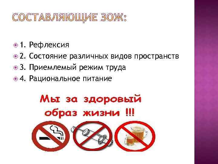  1. Рефлексия 2. Состояние различных видов пространств 3. Приемлемый режим труда 4. Рациональное