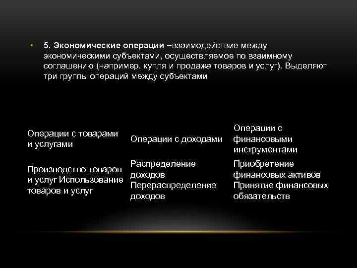  • 5. Экономические операции –взаимодействие между экономическими субъектами, осуществляемое по взаимному соглашению (например,