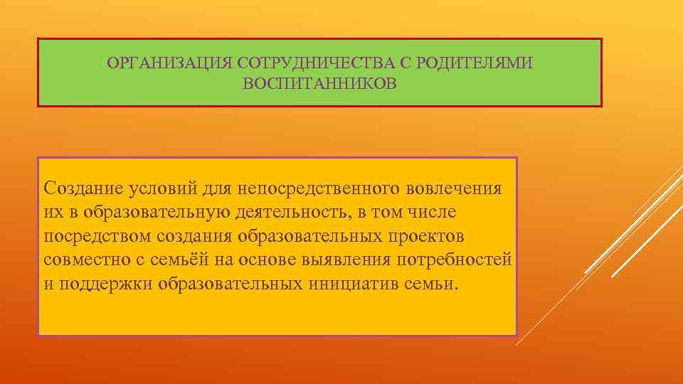 ОРГАНИЗАЦИЯ СОТРУДНИЧЕСТВА С РОДИТЕЛЯМИ ВОСПИТАННИКОВ Создание условий для непосредственного вовлечения их в образовательную деятельность,