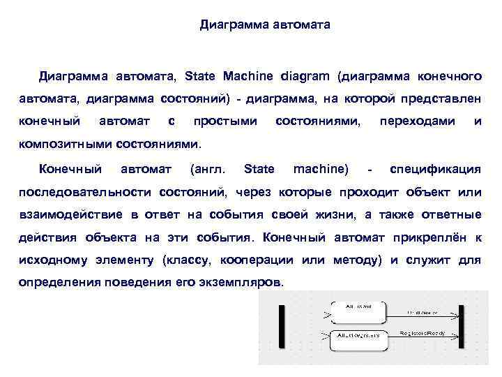 Диаграмма автомата, State Machine diagram (диаграмма конечного автомата, диаграмма состояний) - диаграмма, на которой