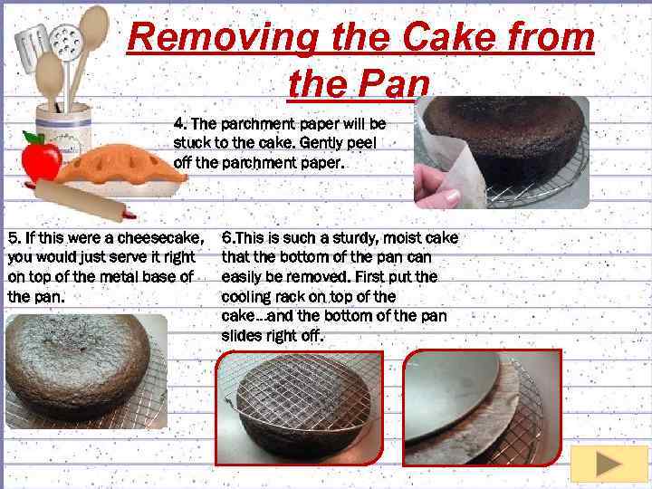 Removing the Cake from the Pan 4. The parchment paper will be stuck to