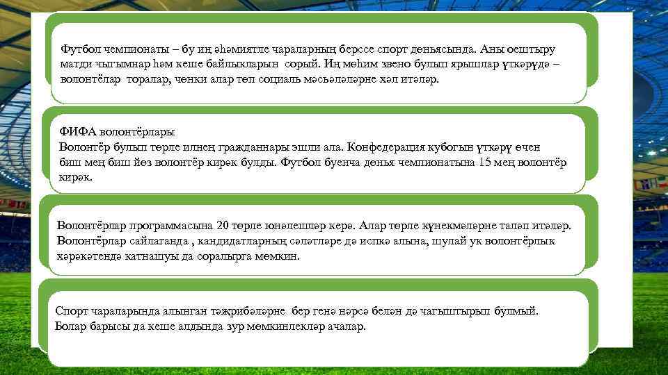 Футбол чемпионаты – бу иң әһәмиятле чараларның берссе спорт дөньясында. Аны оештыру матди чыгымнар