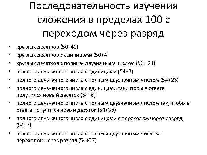 Последовательность изучения сложения в пределах 100 с переходом через разряд круглых десятков (50+40) круглых