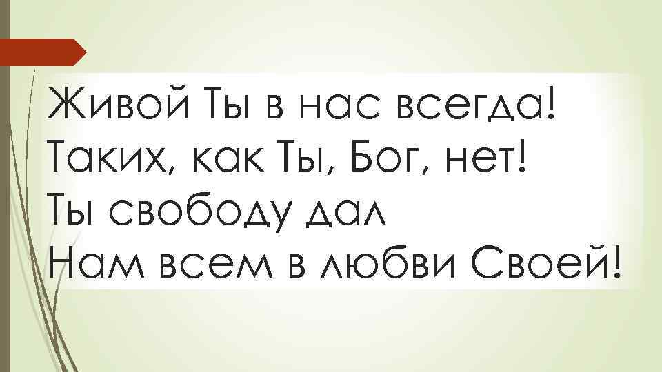 Живой Ты в нас всегда! Таких, как Ты, Бог, нет! Ты свободу дал Нам